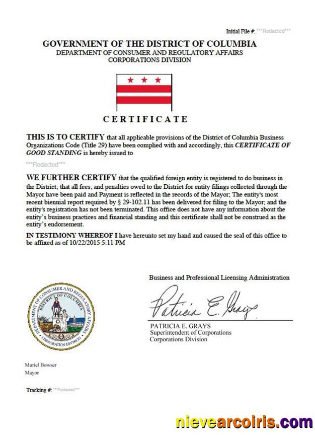 USA District of Columbia certificate of good standing